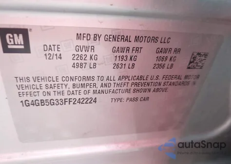 2015 Buick Lacrosse Leather from USA, damaged, VIN 1G4GB5G33FF242224